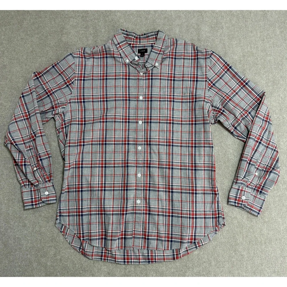 J Crew‎ Shirt Mens Extra Large Gray Red Blue Plaid Button Down Flannel Casual